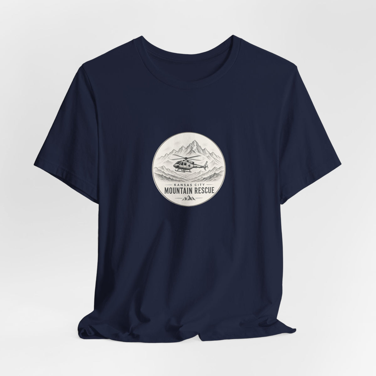 Tee with Kansas City Mountain Rescue round badge: helicopter over mountain line art – view 16