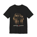 Black tee, front print: 4x4 wading dark water at night, headlights on (warm sepia, angled three-quarter view) with LIGHTS ON. WATER UP. lettering under GRENADIER wordmark, Black