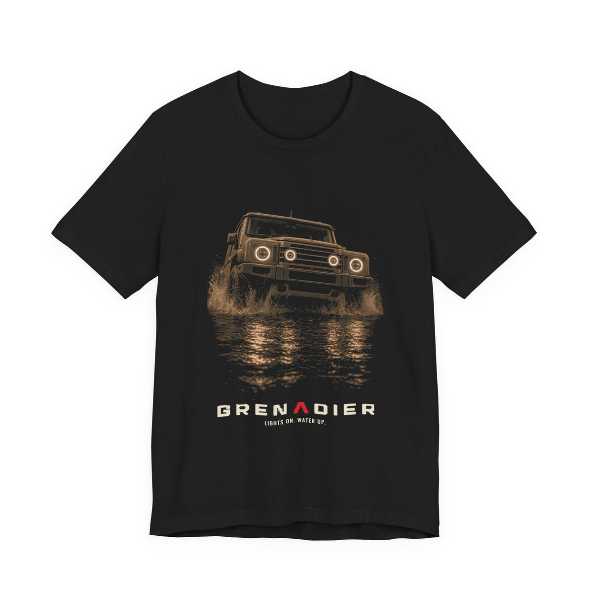 Black tee, front print: 4x4 wading dark water at night, headlights on (warm sepia, angled three-quarter view) with LIGHTS ON. WATER UP. lettering under GRENADIER wordmark, Black