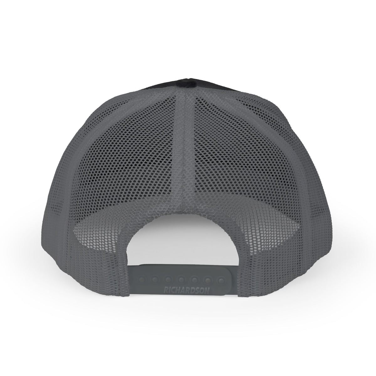 Richardson trucker hat with embroidered IN WE TRUST lockup, front-view boxy 4x4 between the words – view 9