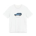 Tee: Eldoret Blue boxy 4x4 in side profile on white field, "Where pavement ends." lettering under the truck, White