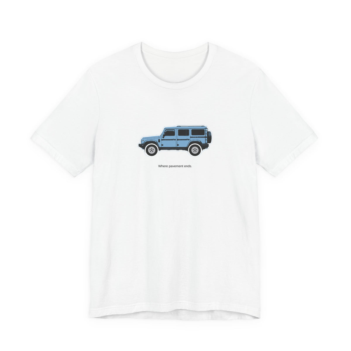 Tee: Eldoret Blue boxy 4x4 in side profile on white field, "Where pavement ends." lettering under the truck, White