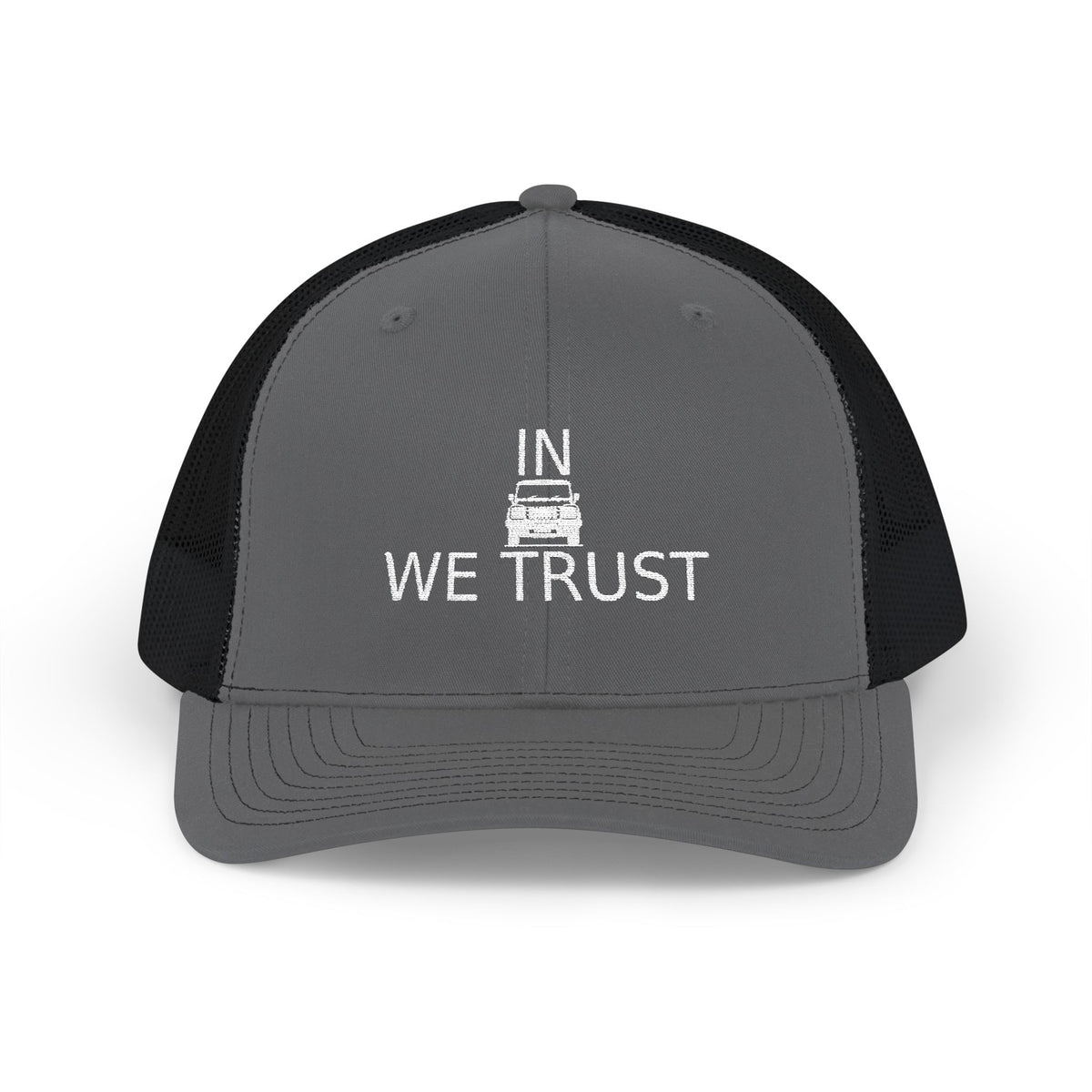 Richardson trucker hat with embroidered IN WE TRUST lockup, front-view boxy 4x4 between the words, Charcoal / Black