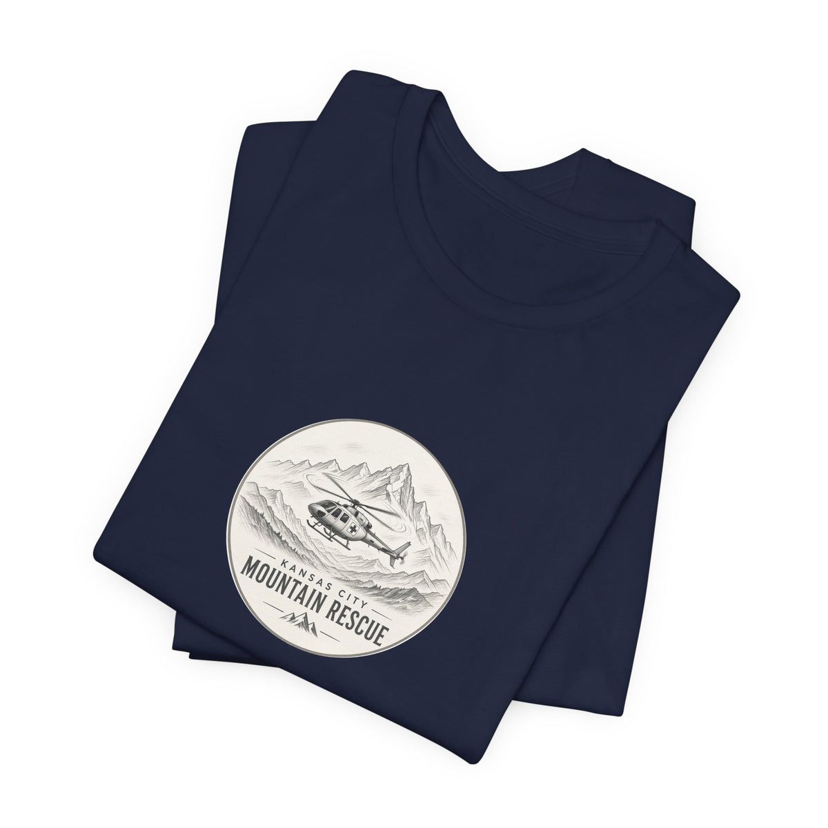 Tee with Kansas City Mountain Rescue round badge: helicopter over mountain line art – view 15