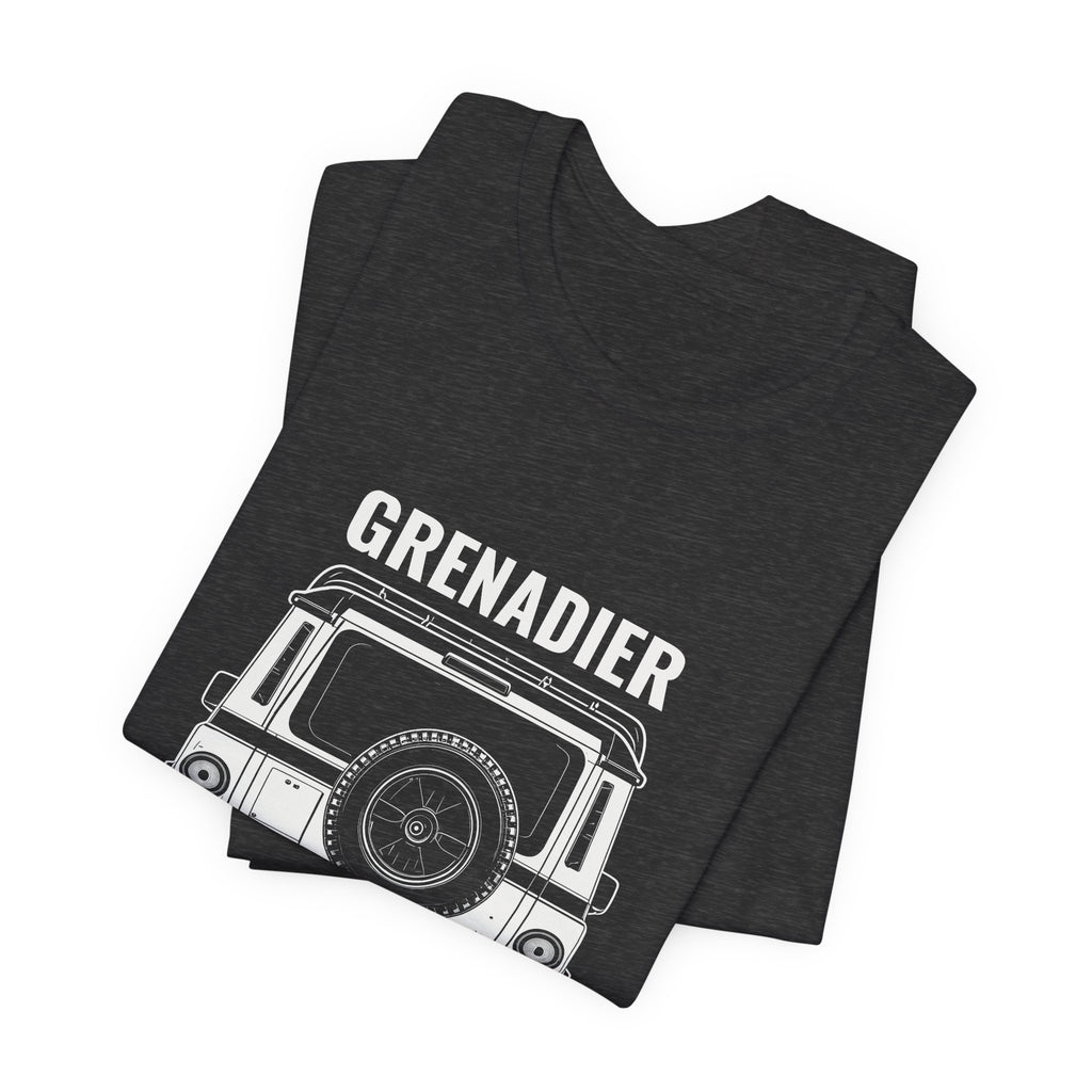 Squared Away tee with rear view boxy 4x4 line art, Bella+Canvas 3001 in Dark Grey Heather, folded view