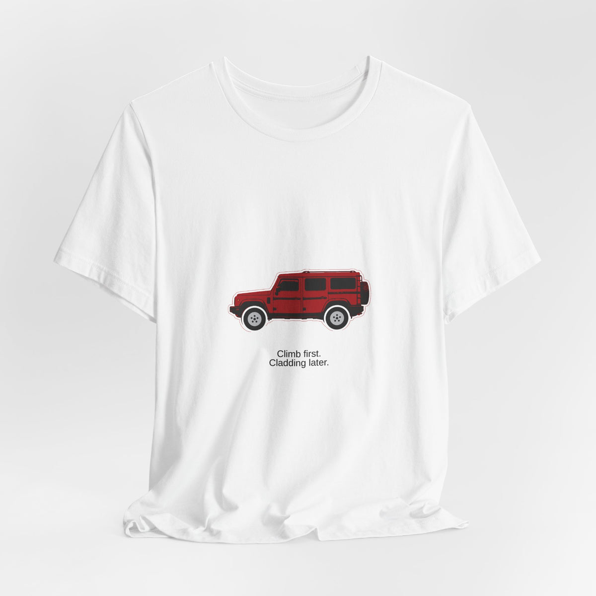Boxy 4x4 Hambach Side Tee — Devil Red White Field — Climb first. Cladding later.