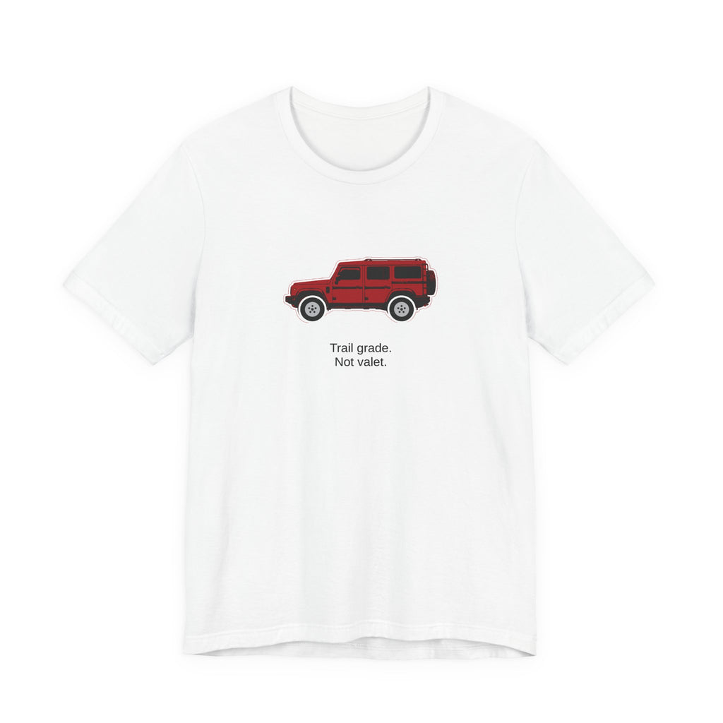 Tee: Devil Red boxy 4x4 in side profile on white field, "Trail grade. Not valet." lettering under the truck, White