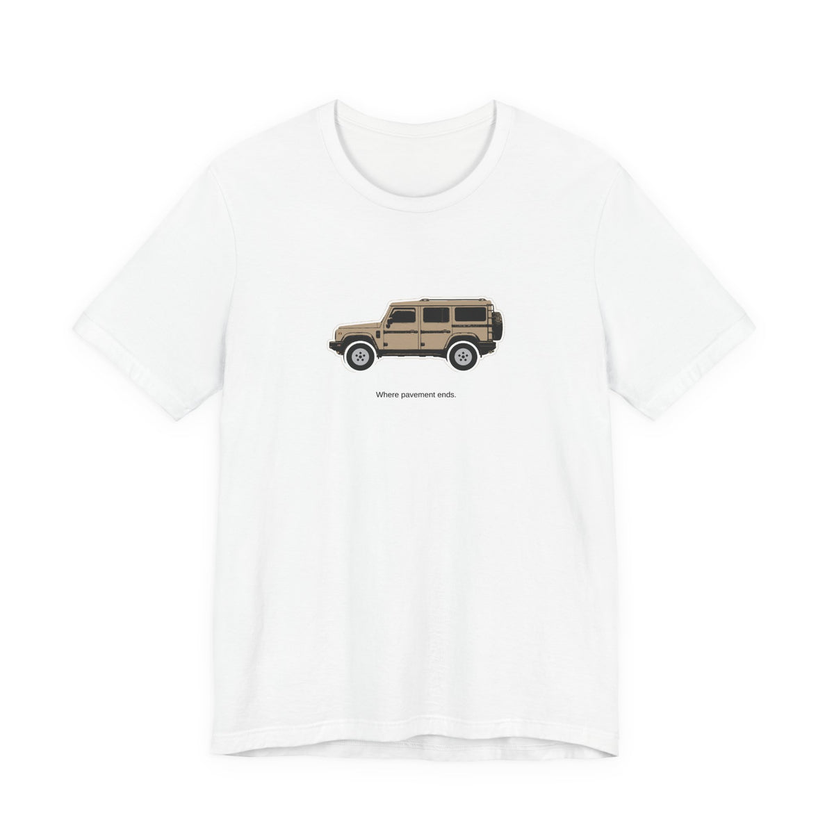 Tee: Magic Mushroom boxy 4x4 in side profile on white field, "Where pavement ends." lettering under the truck, White