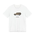 Tee: Magic Mushroom boxy 4x4 in side profile on white field, "Axles first. Trim second." lettering under the truck, White
