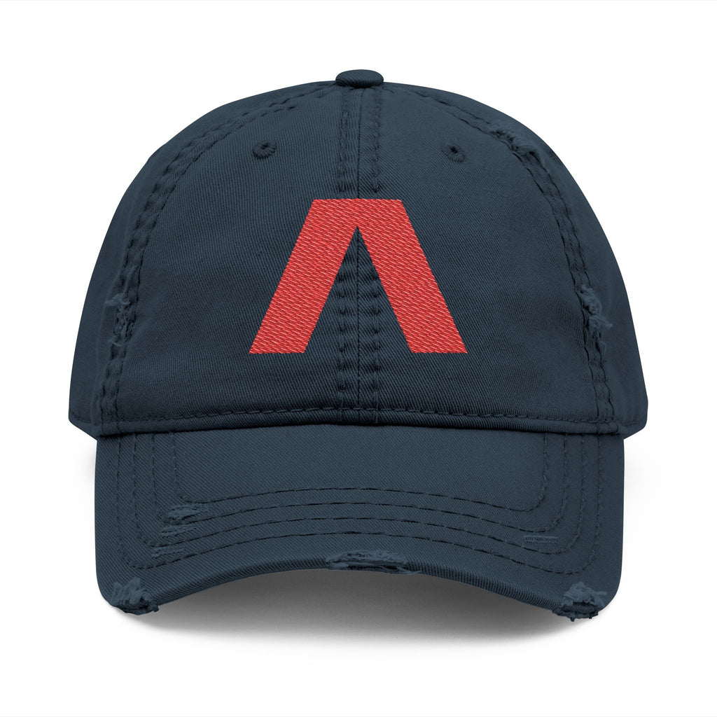 Distressed dad hat with large red Λ embroidered center front, Dark Navy