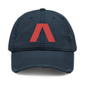 Distressed dad hat with large red Λ embroidered center front, Dark Navy