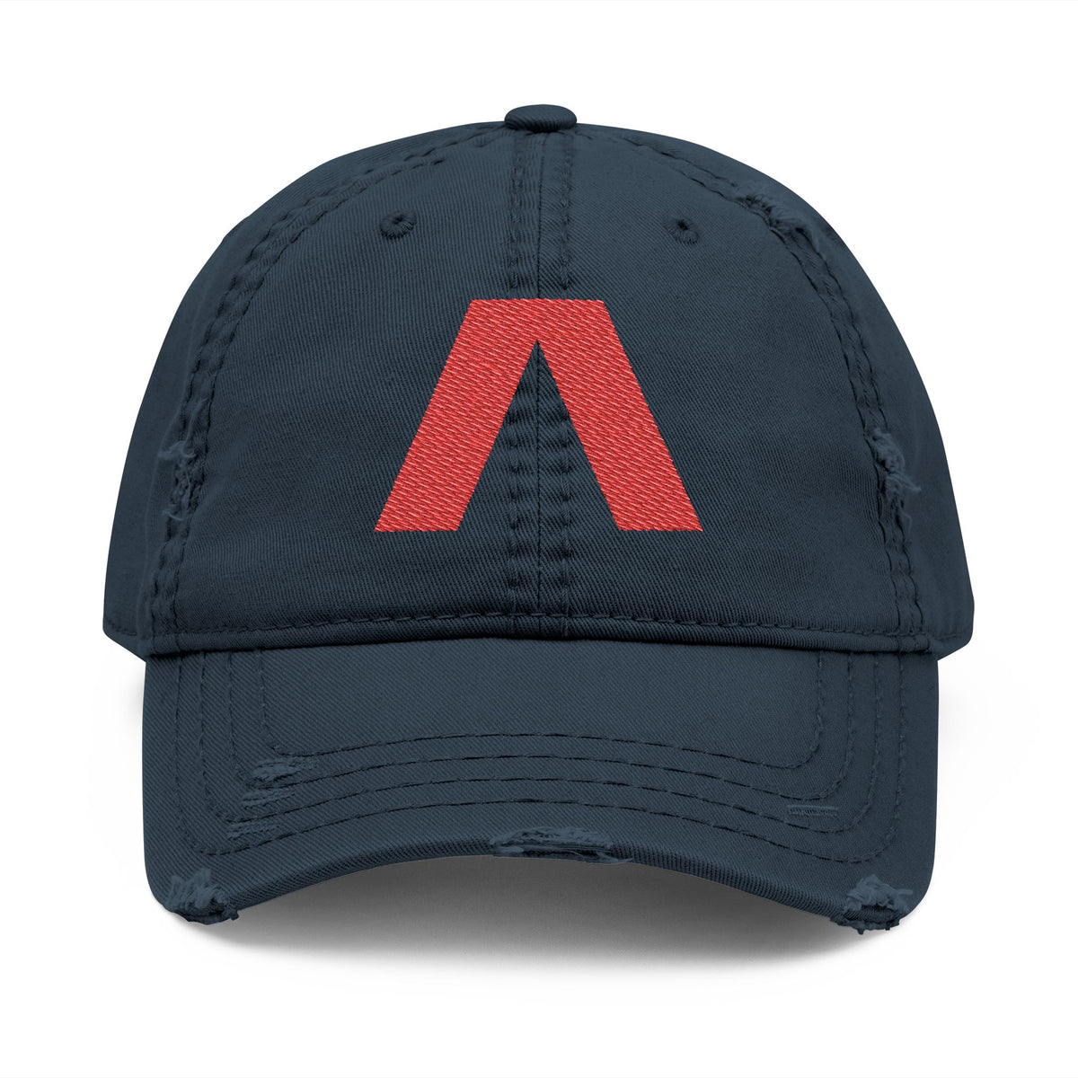 Distressed dad hat with large red Λ embroidered center front, Dark Navy