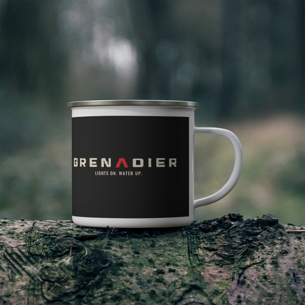 Night Wade white enamel camping mug with boxy 4x4 night-wade print and LIGHTS ON. WATER UP. lettering – view 4
