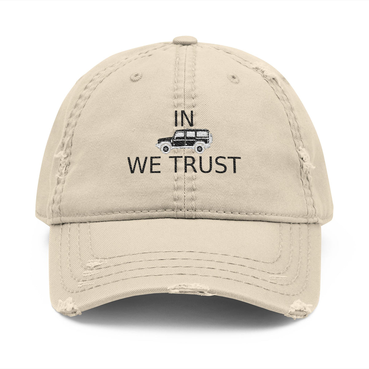 Distressed dad hat with embroidered IN WE TRUST lockup, side-view boxy 4x4, Khaki