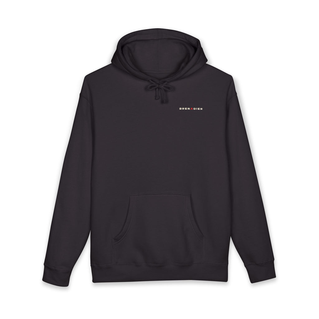 Night Wade heavyweight hoodie back print: boxy 4x4 wading water at night, Black