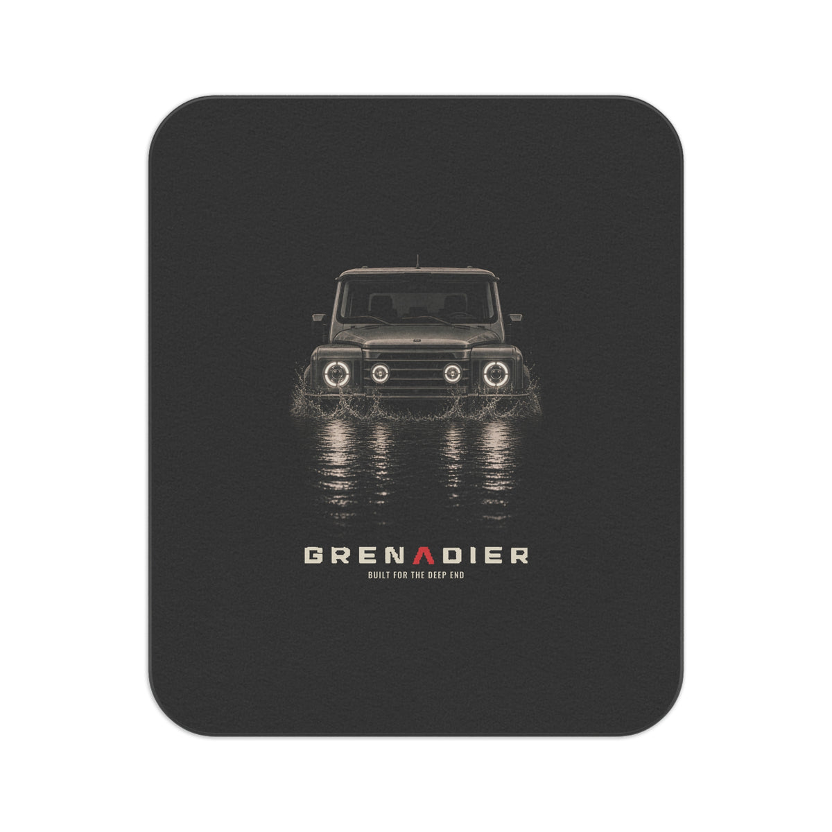 Night Wade picnic blanket: boxy 4x4 wading dark water at night with headlights on, BUILT FOR THE DEEP END lettering