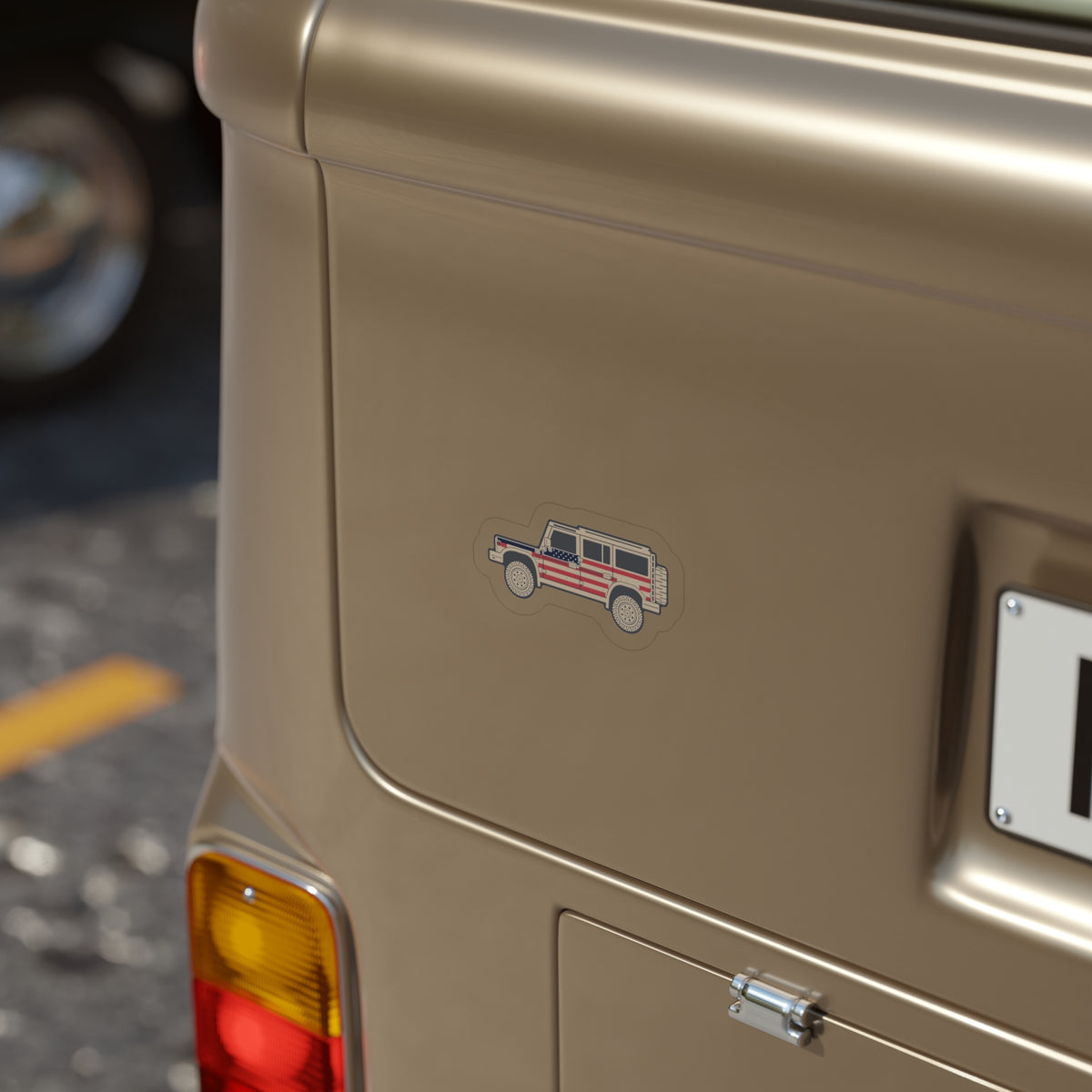 Die-cut sticker: boxy 4x4 side profile with Stars and Stripes flag wrap, white border – view 4