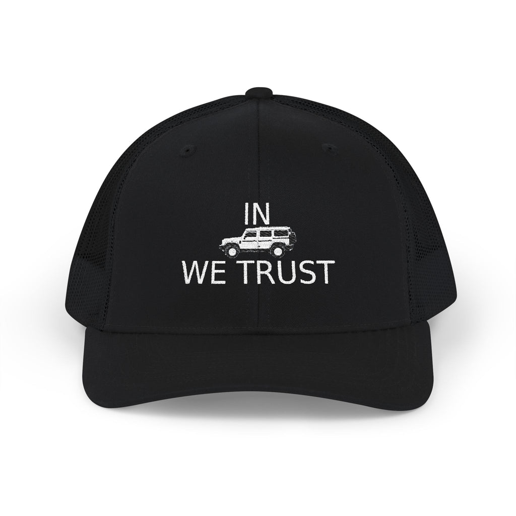 Richardson trucker hat with embroidered IN WE TRUST lockup, side-view boxy 4x4 between the words, Black