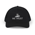 Richardson trucker hat with embroidered IN WE TRUST lockup, side-view boxy 4x4 between the words, Black