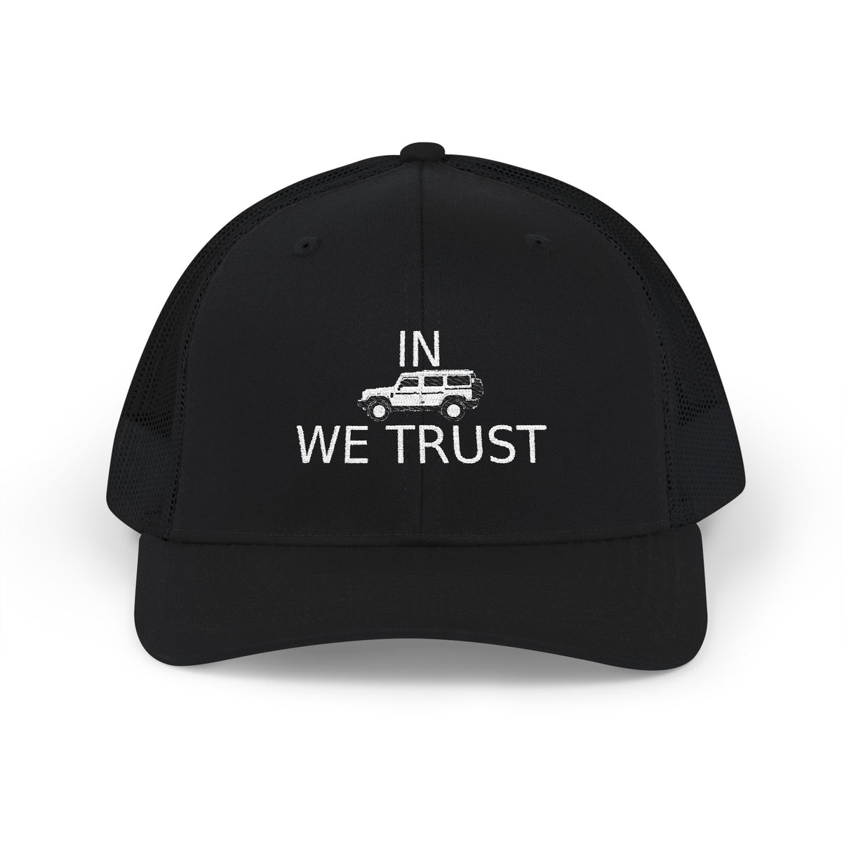 Richardson trucker hat with embroidered IN WE TRUST lockup, side-view boxy 4x4 between the words, Black