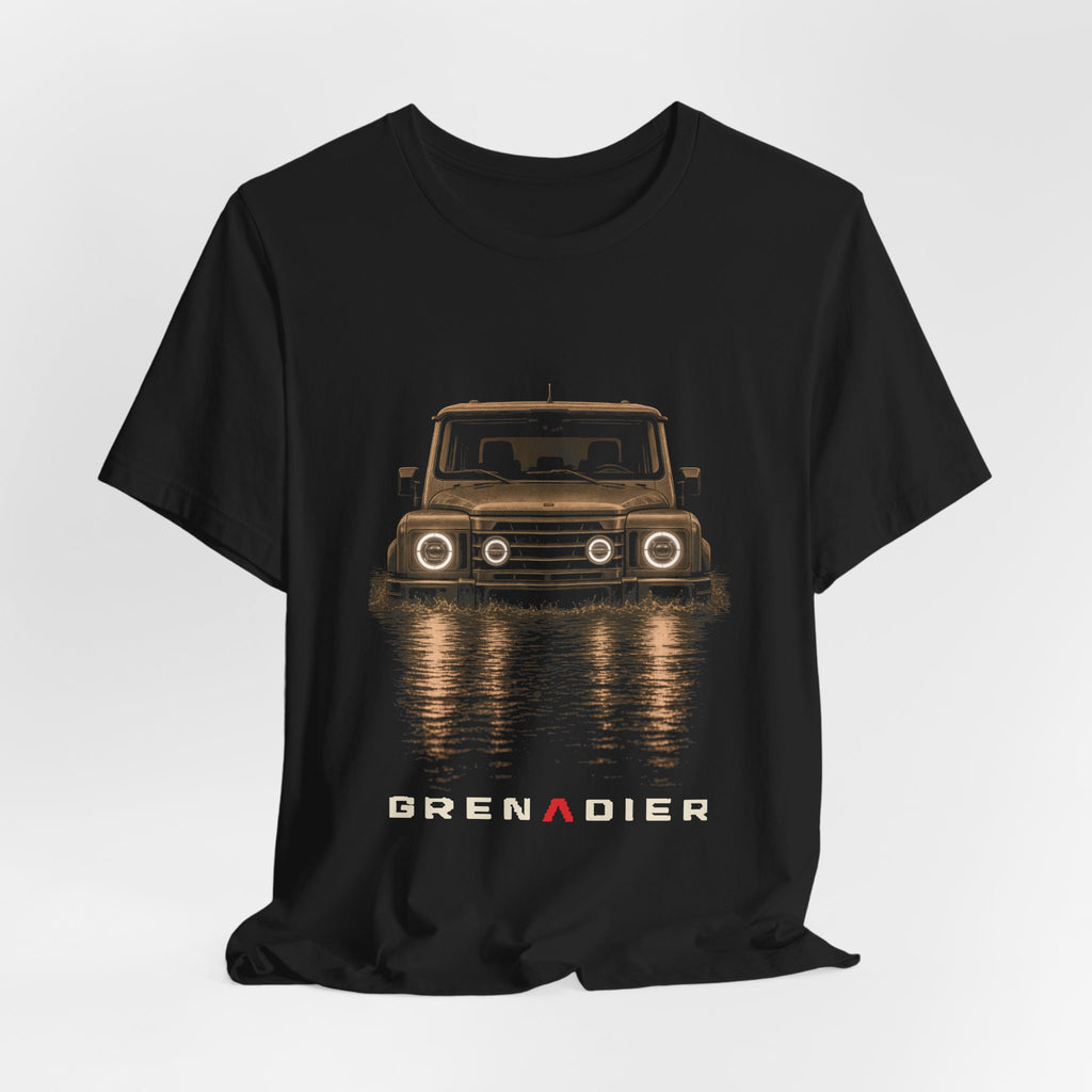 Black tee, front print: 4x4 wading dark water at night, headlights on (warm sepia tones) under GRENADIER wordmark – view 3