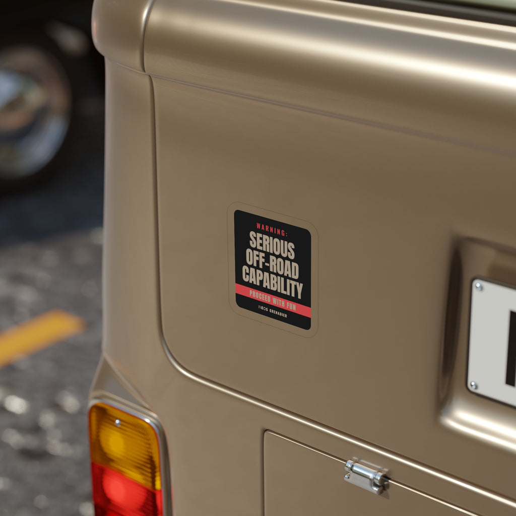 Warning: Serious Off-Road Capability die-cut sticker: a warning-label design reading WARNING: SERIOUS OFF-ROAD CAPABILITY with a red PROCEED WITH FUN band – view 4