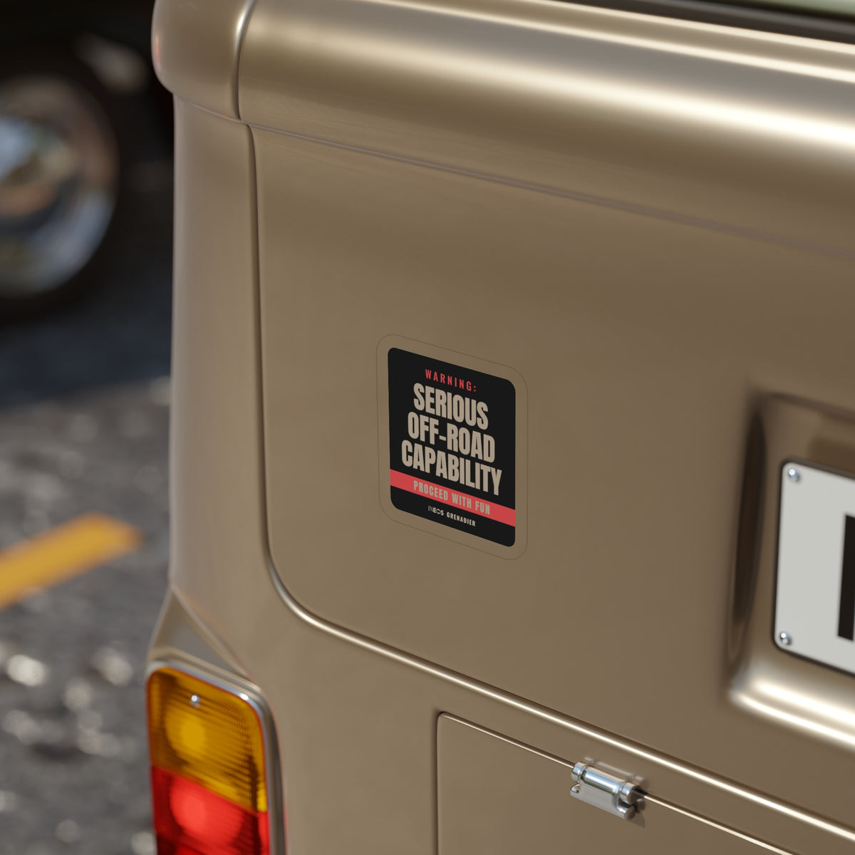 Warning: Serious Off-Road Capability die-cut sticker: a warning-label design reading WARNING: SERIOUS OFF-ROAD CAPABILITY with a red PROCEED WITH FUN band – view 4
