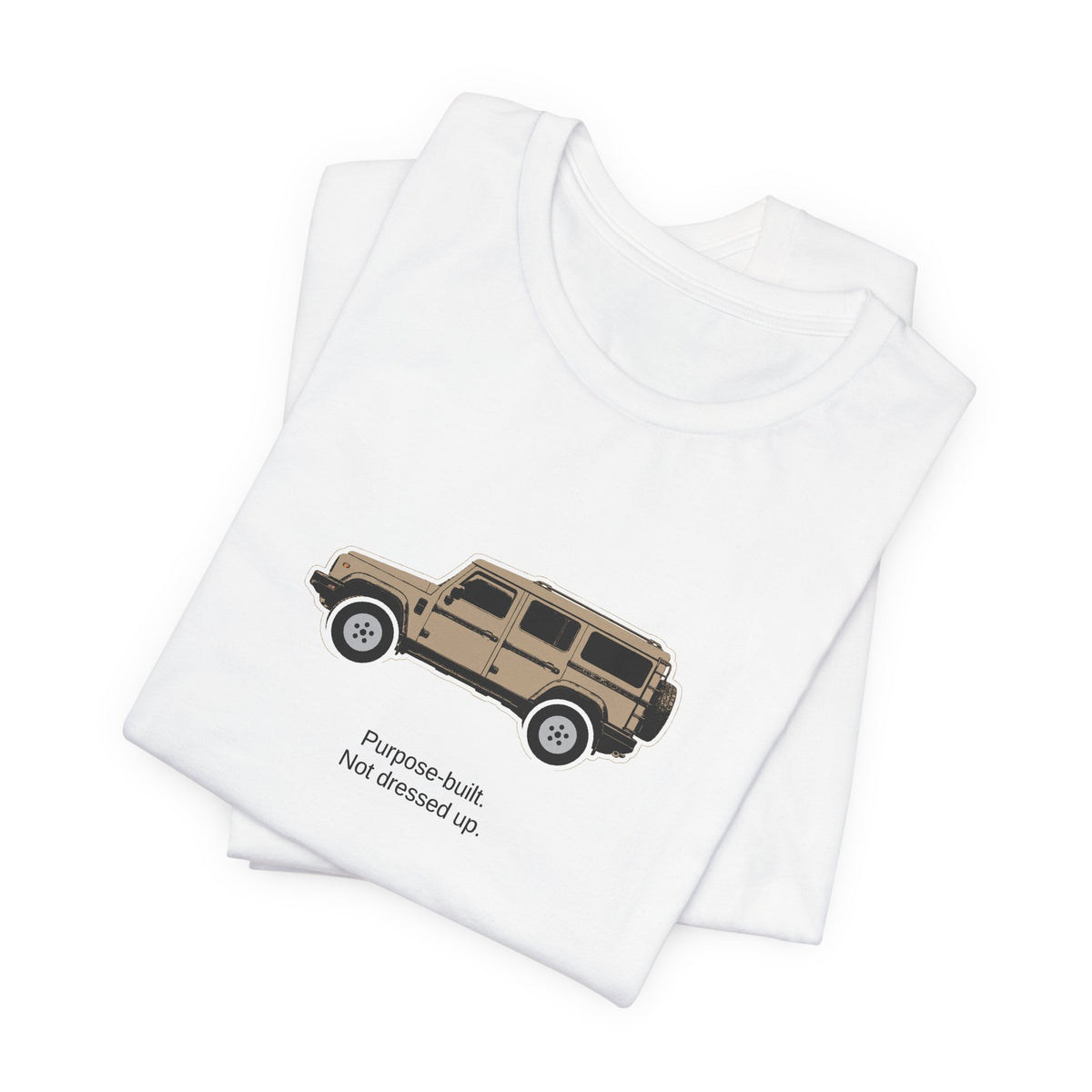 Tee: Magic Mushroom boxy 4x4 in side profile on white field, "Purpose-built. Not dressed up." lettering under the truck – view 3