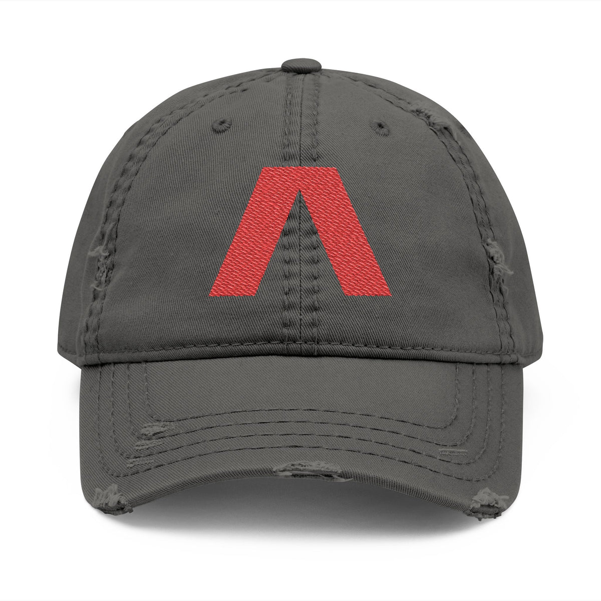 Distressed dad hat with large red Λ embroidered center front, Charcoal Grey