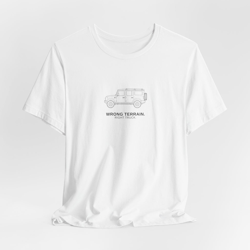 Tee with full-chest boxy 4x4 and WRONG TERRAIN. RIGHT TRUCK. lettering – view 7