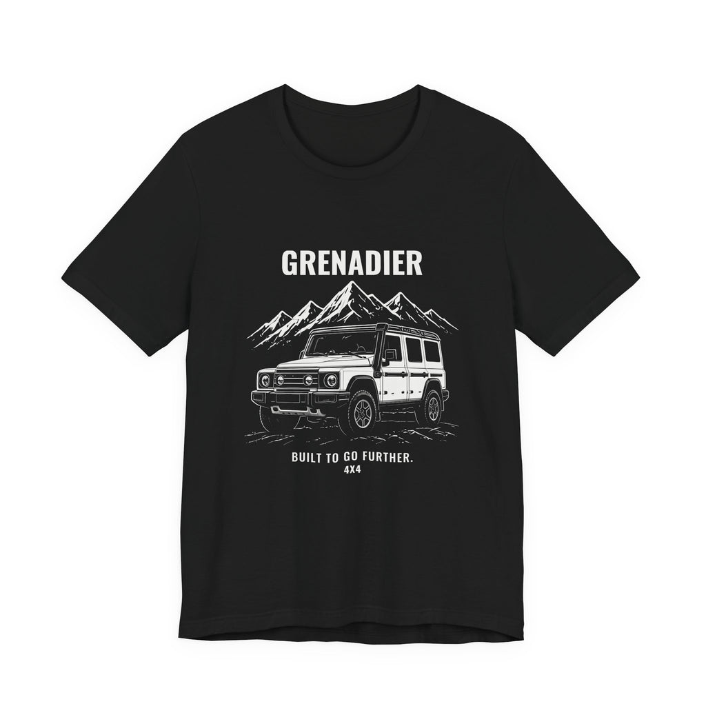 Built to Go Further tee with boxy 4x4 and mountains art, Bella+Canvas 3001 in Black, front view