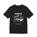 Built to Go Further tee with boxy 4x4 and mountains art, Bella+Canvas 3001 in Black, front view