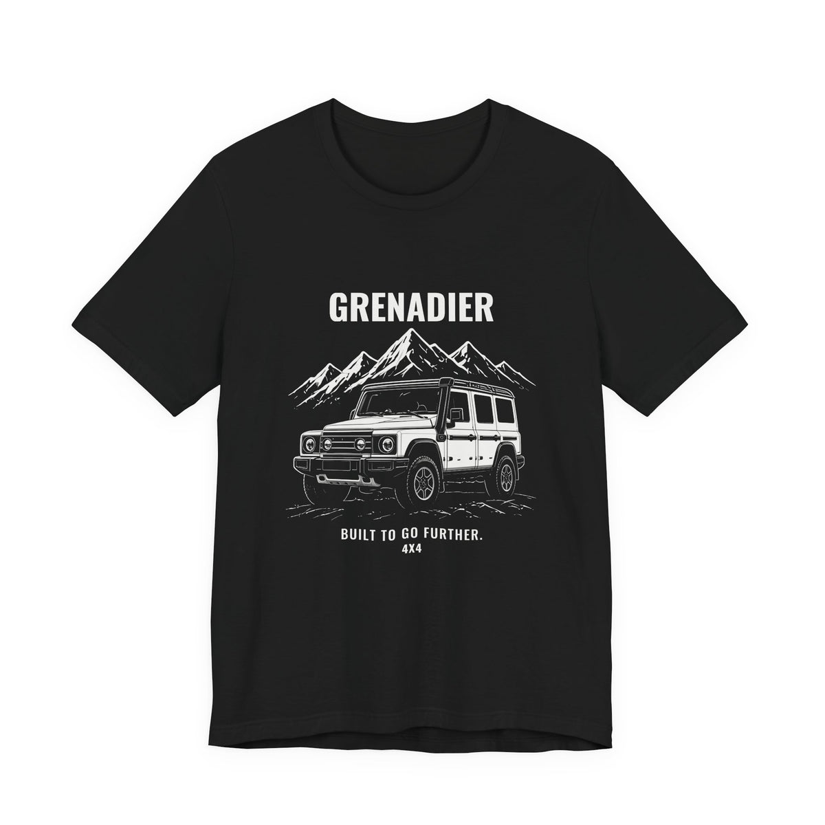 Built to Go Further tee with boxy 4x4 and mountains art, Bella+Canvas 3001 in Black, front view