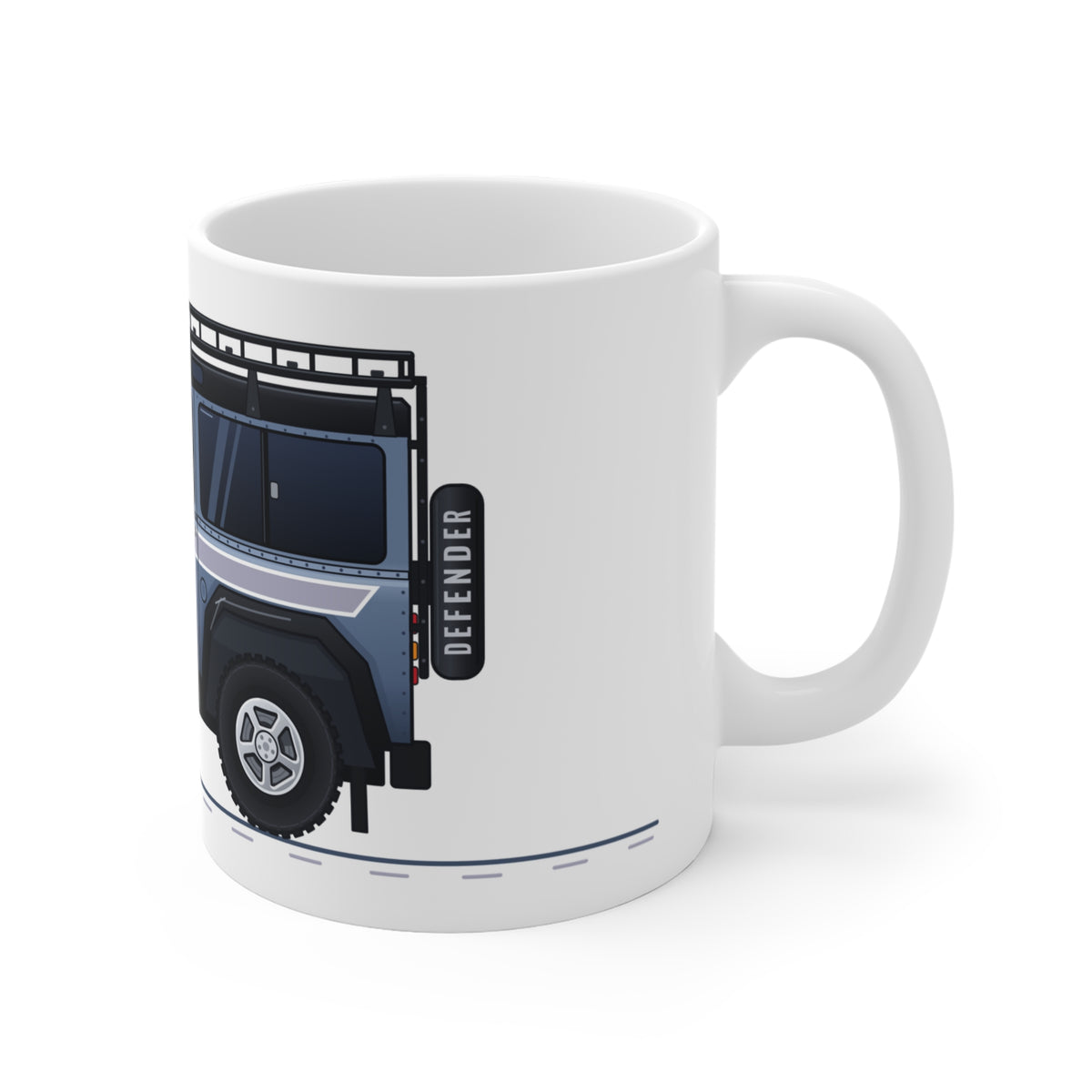 White 11 oz mug wrapped with slate-blue boxy 90 4x4 in side profile, pinstripes and roof rack – view 3