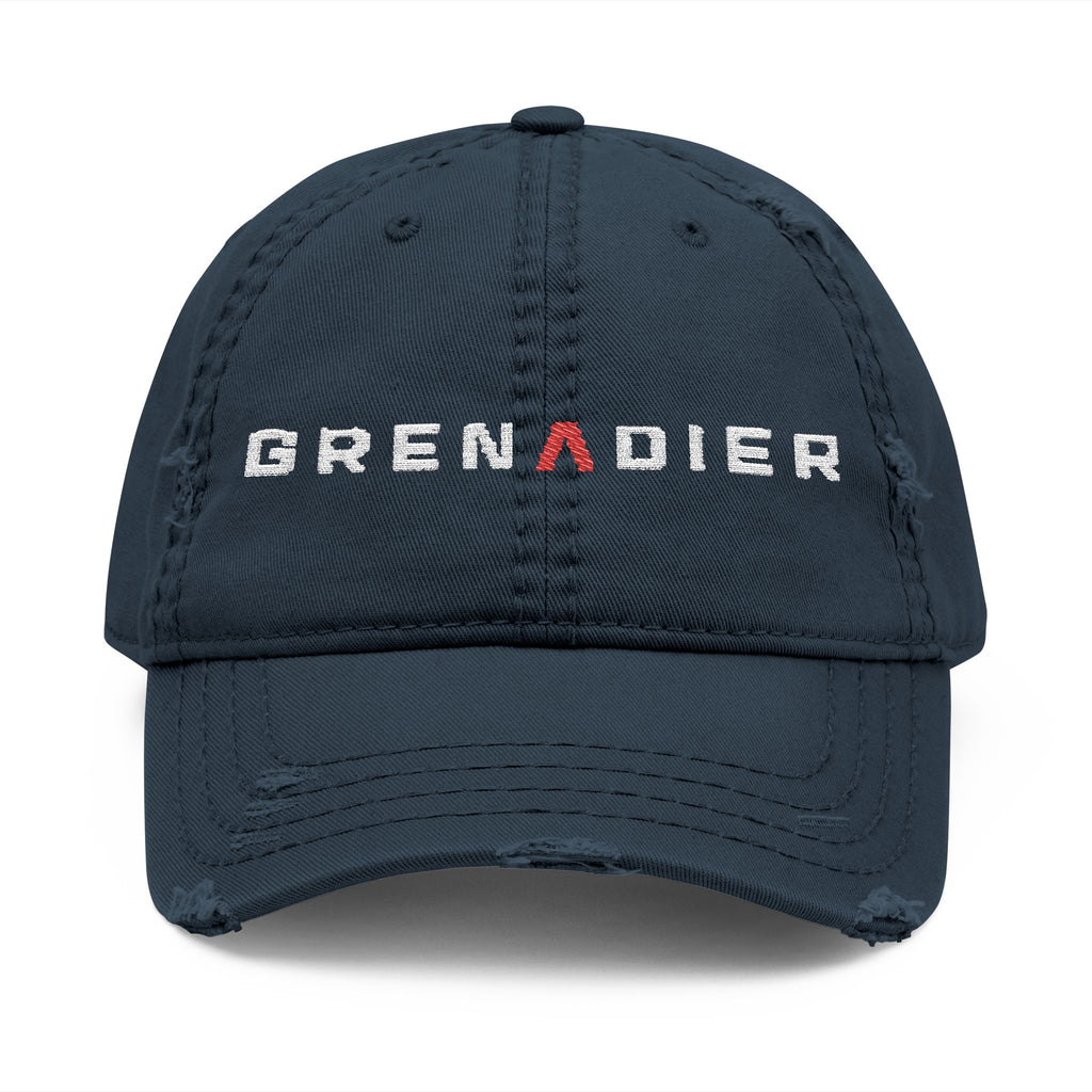 Distressed dad hat with embroidered GRENADIER wordmark and red Λ, Dark Navy