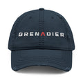 Distressed dad hat with embroidered GRENADIER wordmark and red Λ, Dark Navy