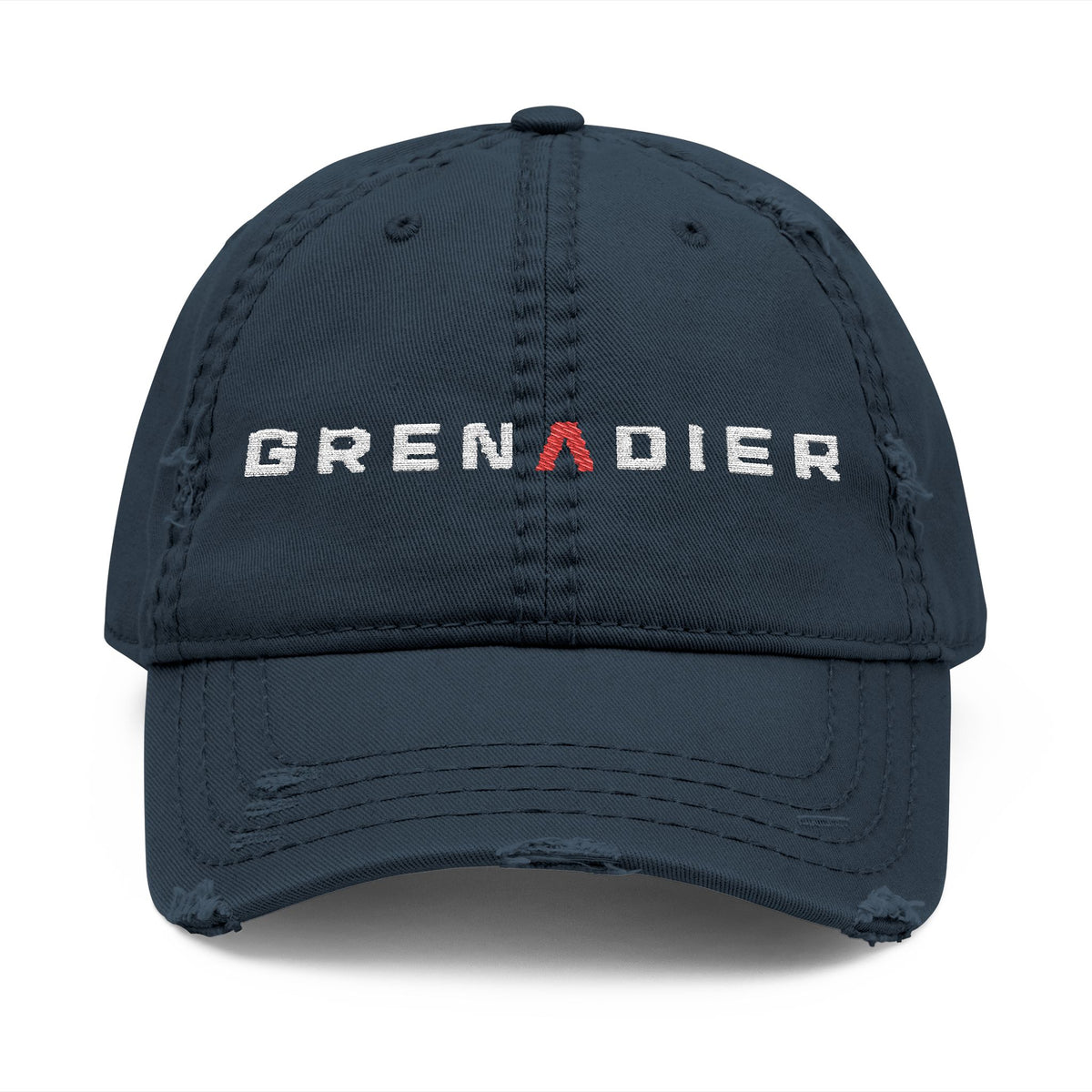 Distressed dad hat with embroidered GRENADIER wordmark and red Λ, Dark Navy