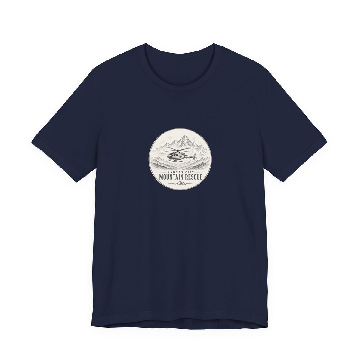 Tee with Kansas City Mountain Rescue round badge: helicopter over mountain line art, Navy