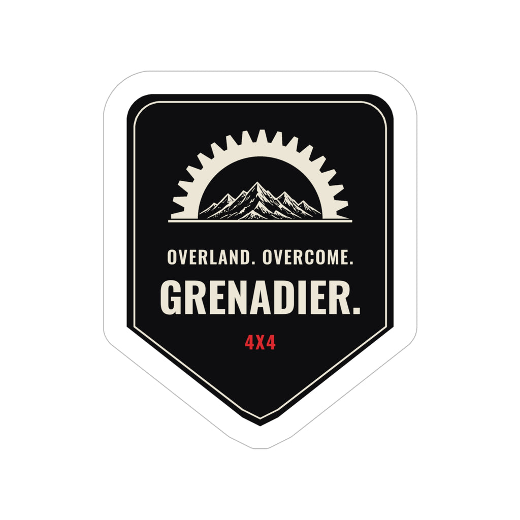 Overland. Overcome. black shield badge die-cut sticker with mountains and gear