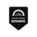 Overland. Overcome. black shield badge die-cut sticker with mountains and gear