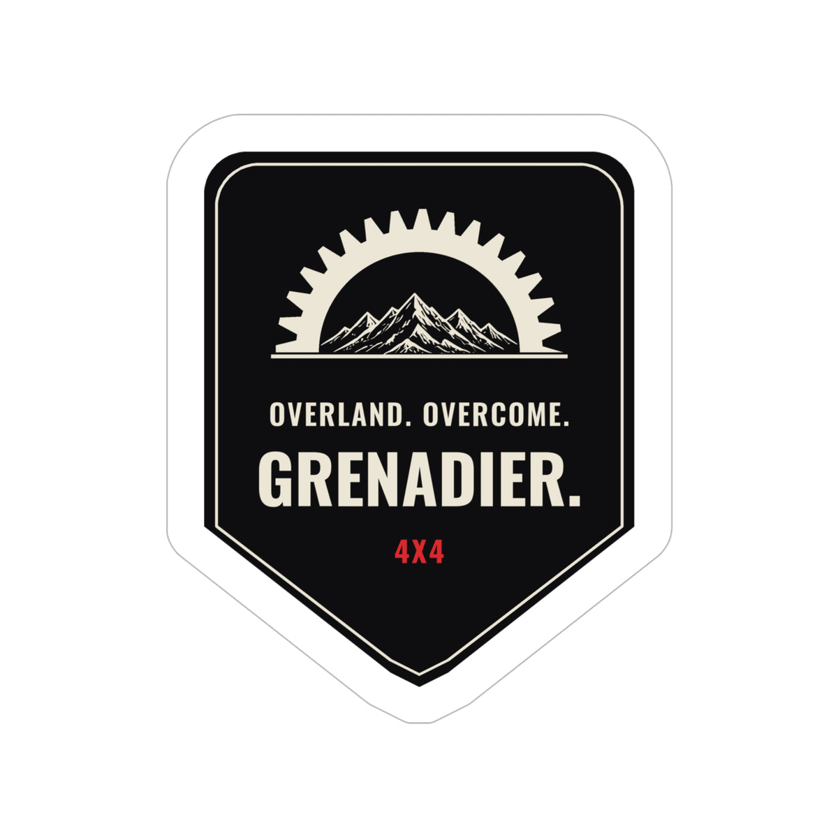 Overland. Overcome. black shield badge die-cut sticker with mountains and gear