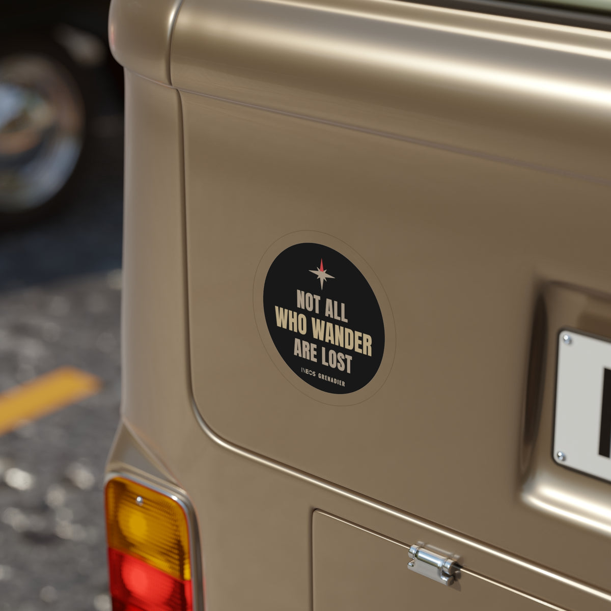 Not All Who Wander Are Lost die-cut sticker: a round black badge with a compass star and NOT ALL WHO WANDER ARE LOST lettering – view 8