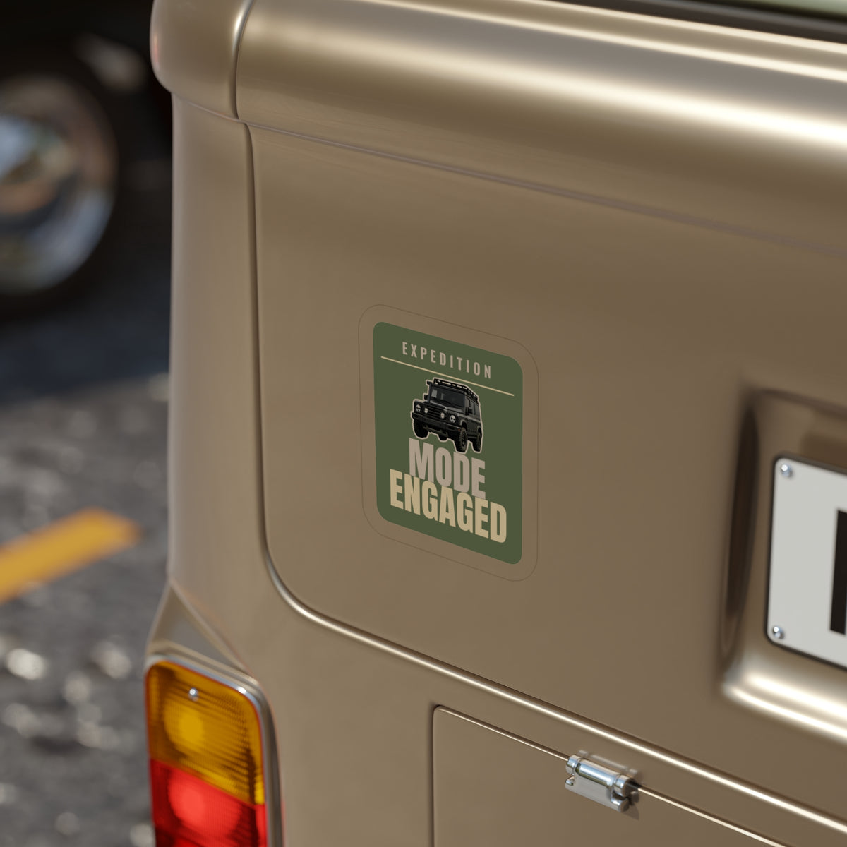 Expedition Mode Engaged die-cut sticker: a 4x4 wagon above EXPEDITION MODE ENGAGED lettering on an olive green badge – view 8