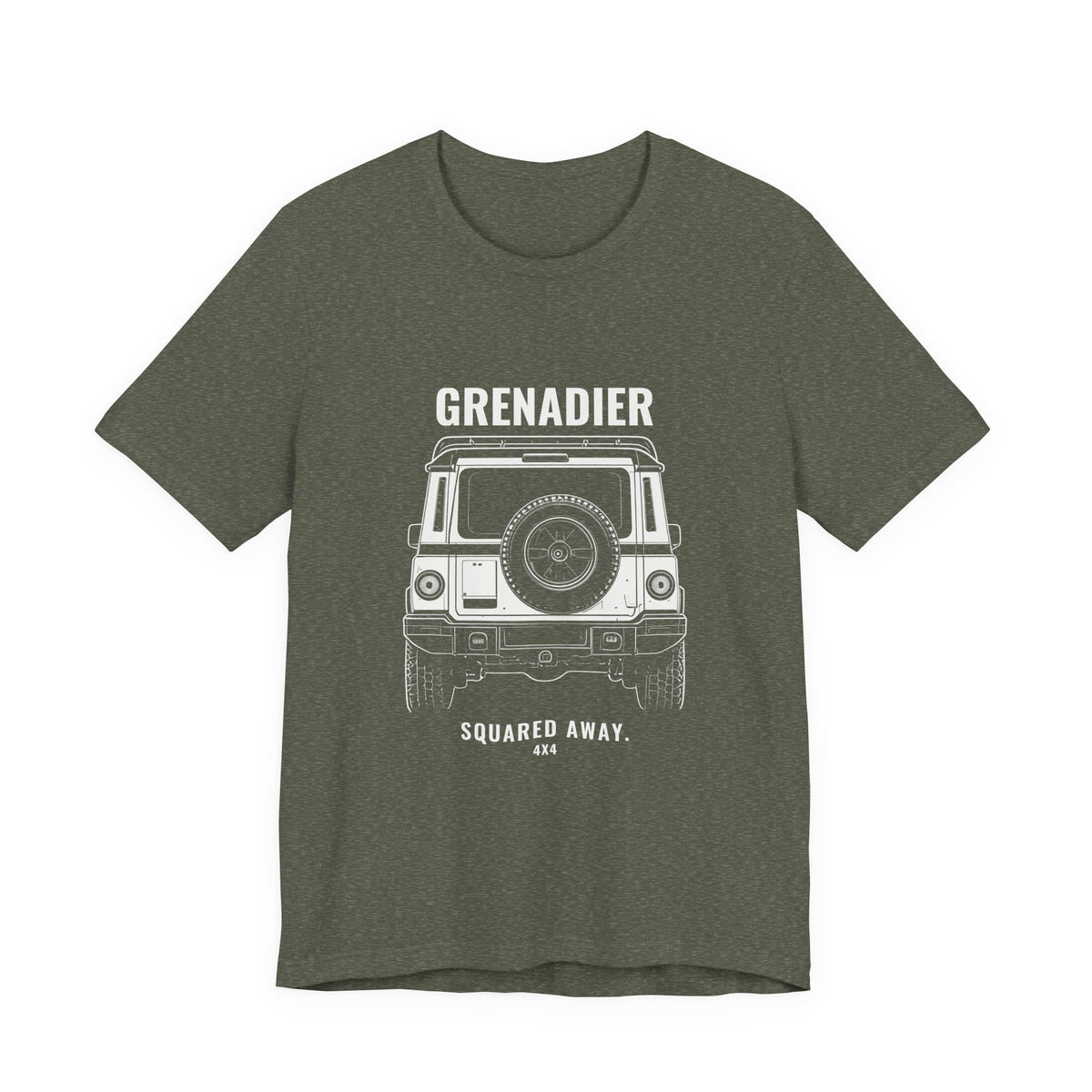 Squared Away tee with rear view boxy 4x4 line art, Bella+Canvas 3001 in Heather Military Green, front view