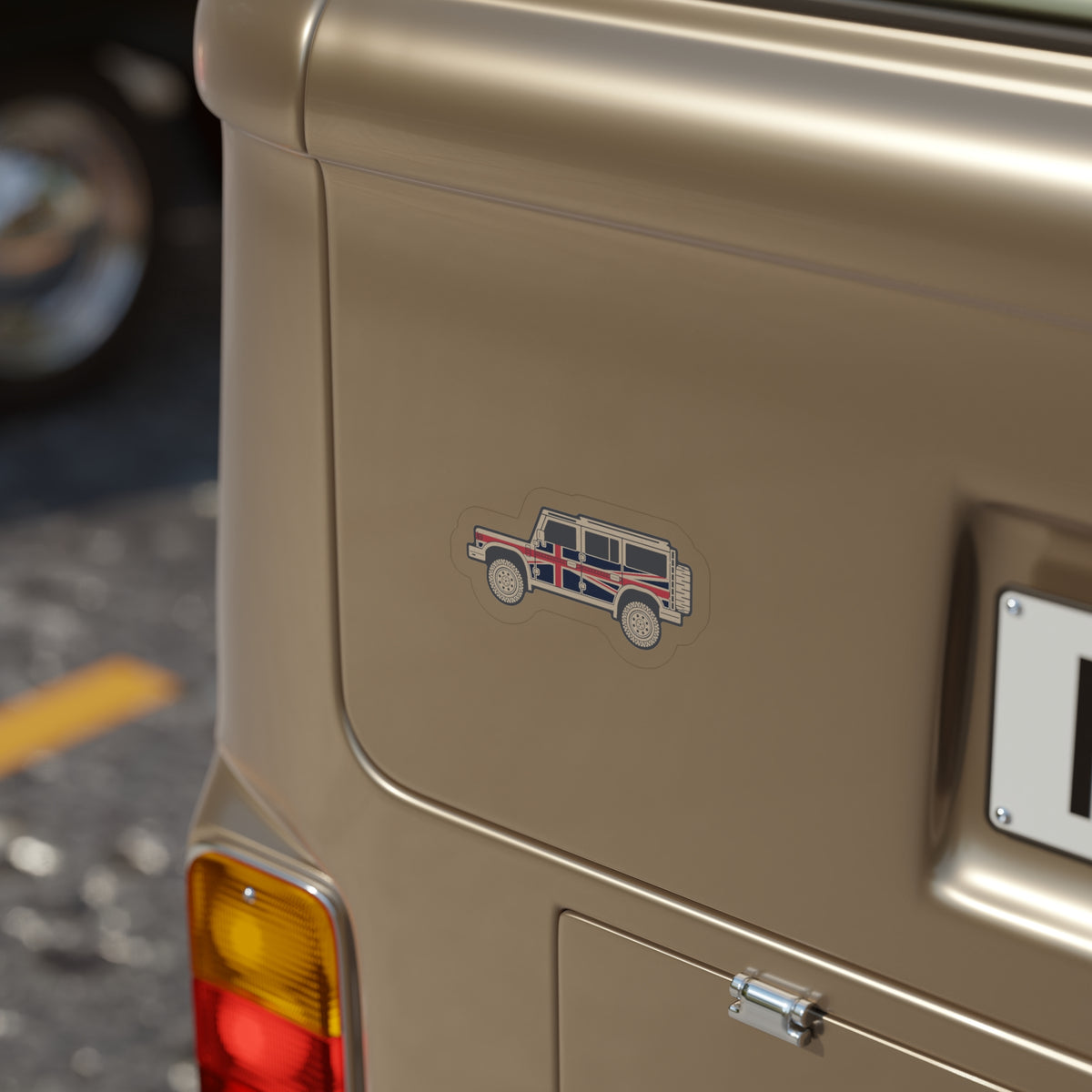 Die-cut sticker: boxy 4x4 side profile with Union Jack flag wrap, white border – view 8