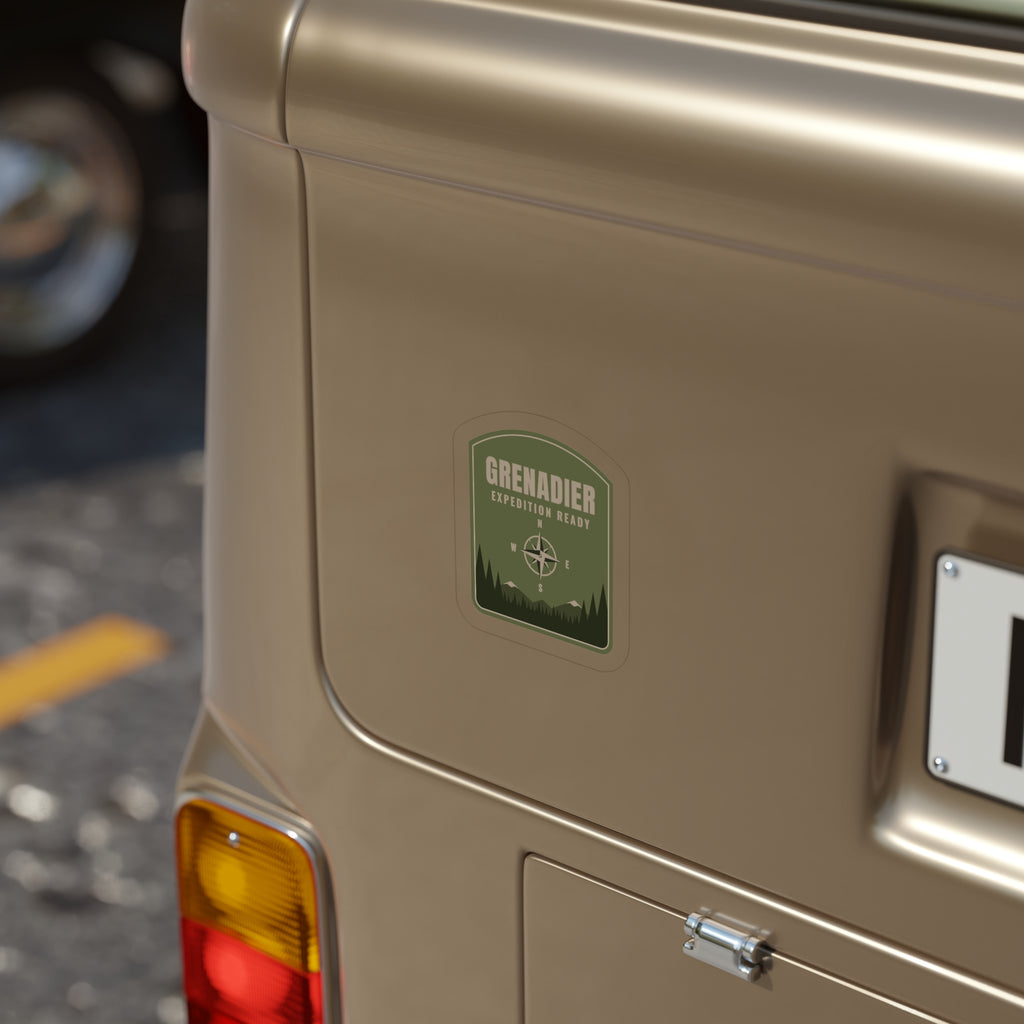 Olive green badge sticker: GRENADIER, EXPEDITION READY, compass rose over pine treeline – view 6