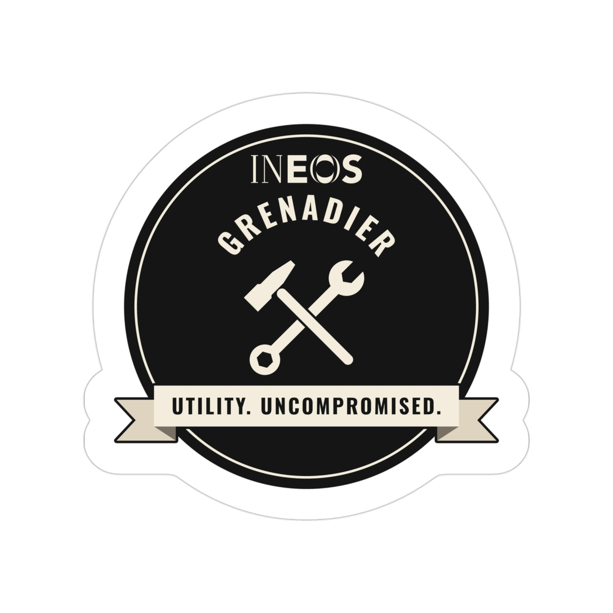 Die-cut sticker with INEOS GRENADIER wordmark and UTILITY. UNCOMPROMISED. tagline – view 2