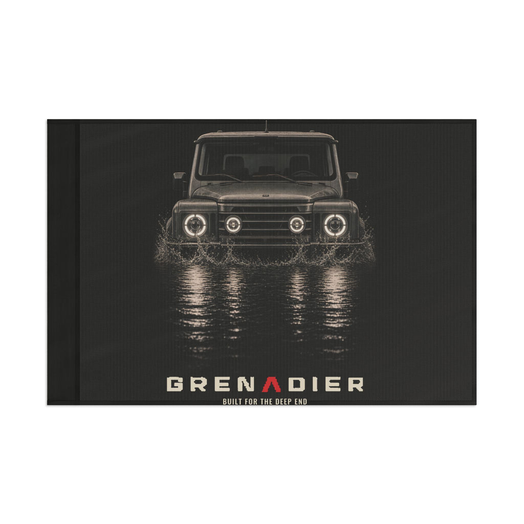 Night Wade camp flag: boxy 4x4 wading black water at night, BUILT FOR THE DEEP END lettering
