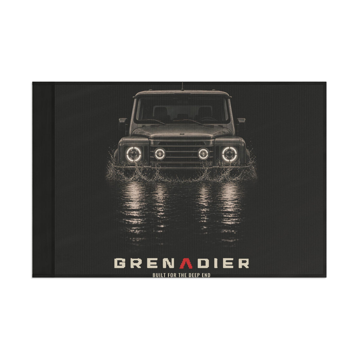 Night Wade camp flag: boxy 4x4 wading black water at night, BUILT FOR THE DEEP END lettering