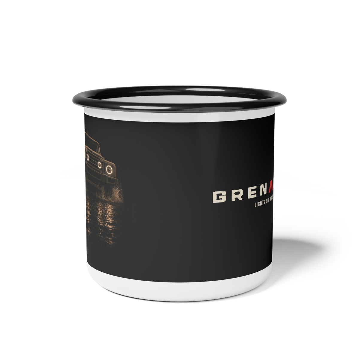 Night Wade enamel camp cup with black rim, boxy 4x4 wading at night with headlights on